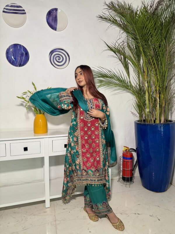 Crepe A line party wearing suit with trousers & dupatta