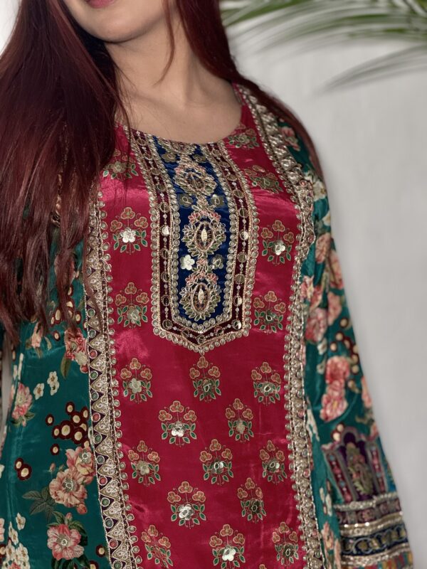 Crepe A line party wearing suit with trousers & dupatta - Image 4