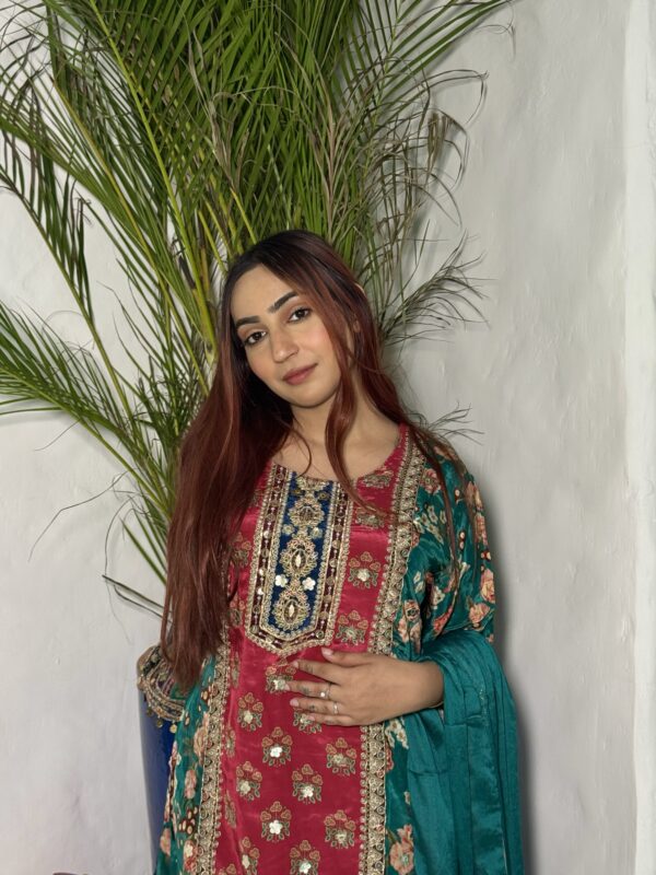 Crepe A line party wearing suit with trousers & dupatta - Image 3